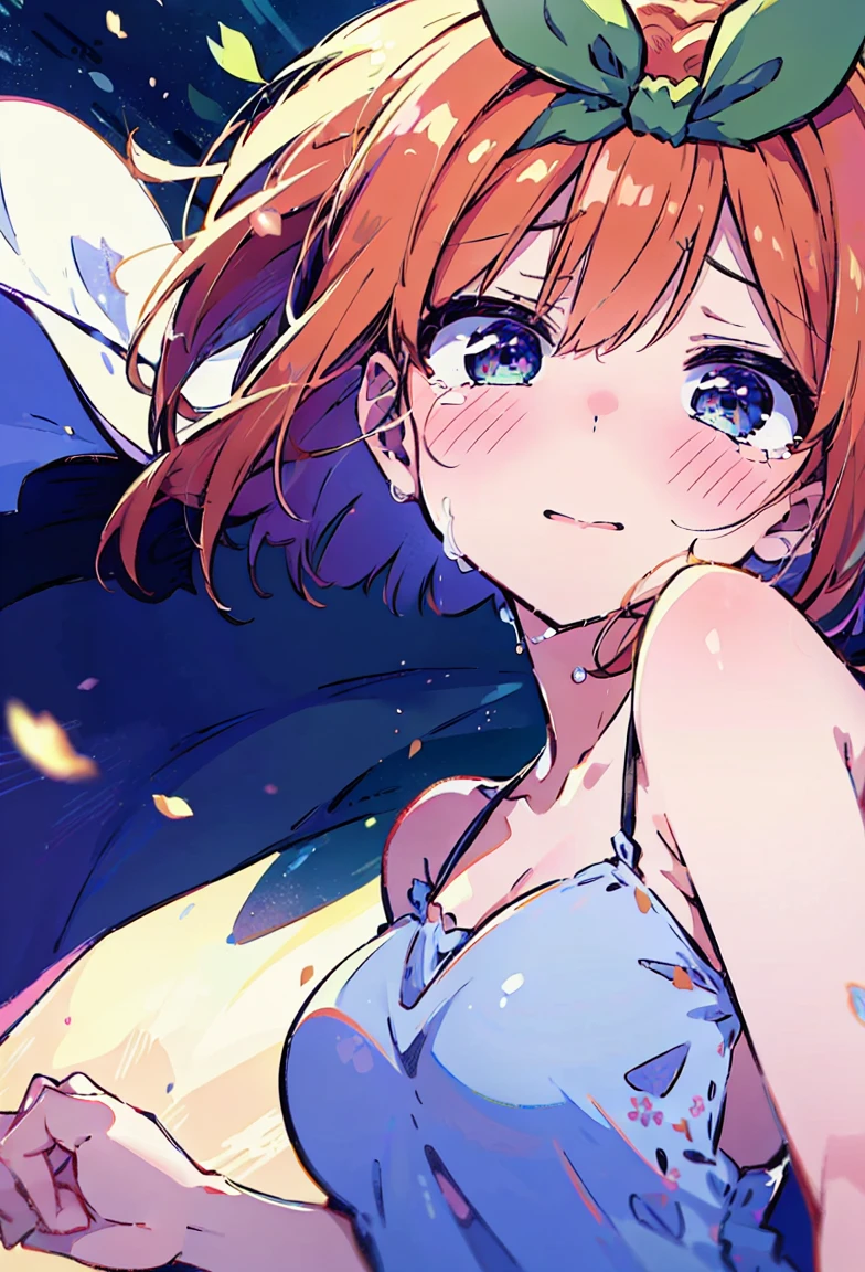 Yotsuba Nakano, short orange hair, green ribbon,, 4k, extremely fine illustration, cowboy shot, tears,, sfw, crying, dynamic pose, interesting pose, expressive face, silky pretty dress,flowing dress, wind, extremely fine and beautiful, super fine illustration, top-quality、Official art、Beautifully Aesthetic:、vivid colours、colourful, HD Detail, Ultra Detail, soft Light, magical photography, intricate details, , sfw, , indigo eyes, masterpiece, 4k, ultradetailed,