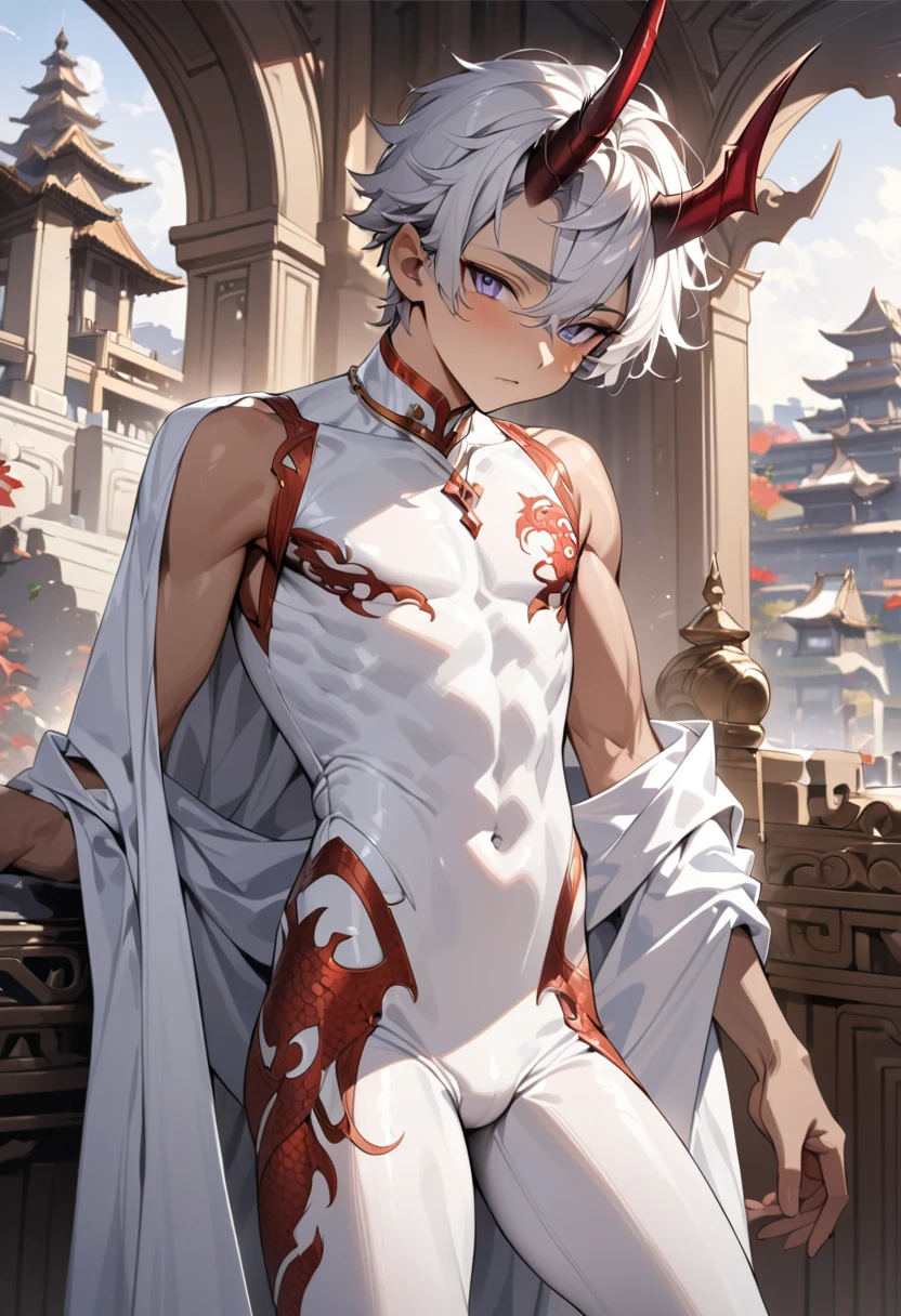 high quality,(best quality,4K,a high resolution,masterpiece:1.2),super detailed,(1 boy),(solo),juvenile,(Male juvenile),handsome and cute boy,snow-white hair, Red dragon horn, white bodysuit with red pattern,(Brown skin),Purple Eyes,buzz hair,Single photo,Small amount of chest muscle,the white temple of light,magnificent palace background,Wearing a white cape behind