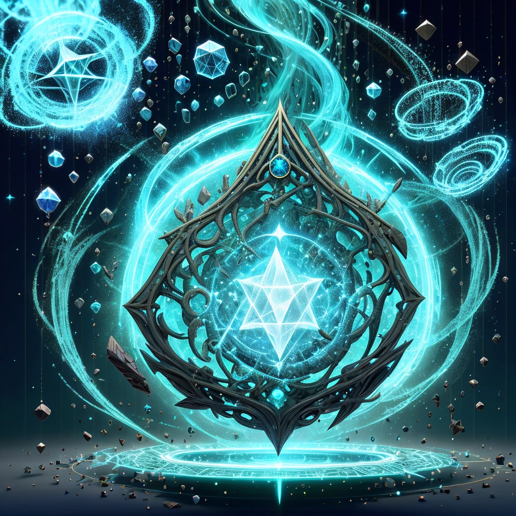 creationmagic , fragmented construct ,particles stream, ethereal creation , grimoire, A book of spells in mystical cover, studded with a gem,gameicon,masterpiece,best quality,ultra-detailed,masterpieces,
 Forest and space