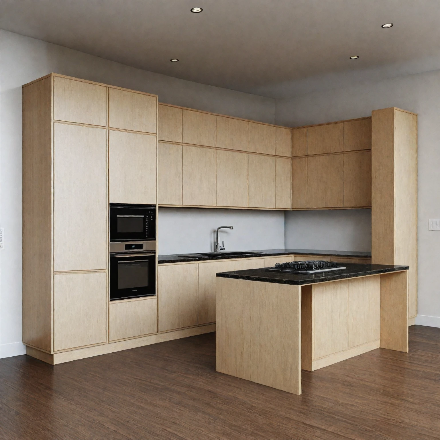 kitchen inteiror, modern style, wood cabinet, granite counter top, realistic, high quality, masterpiece