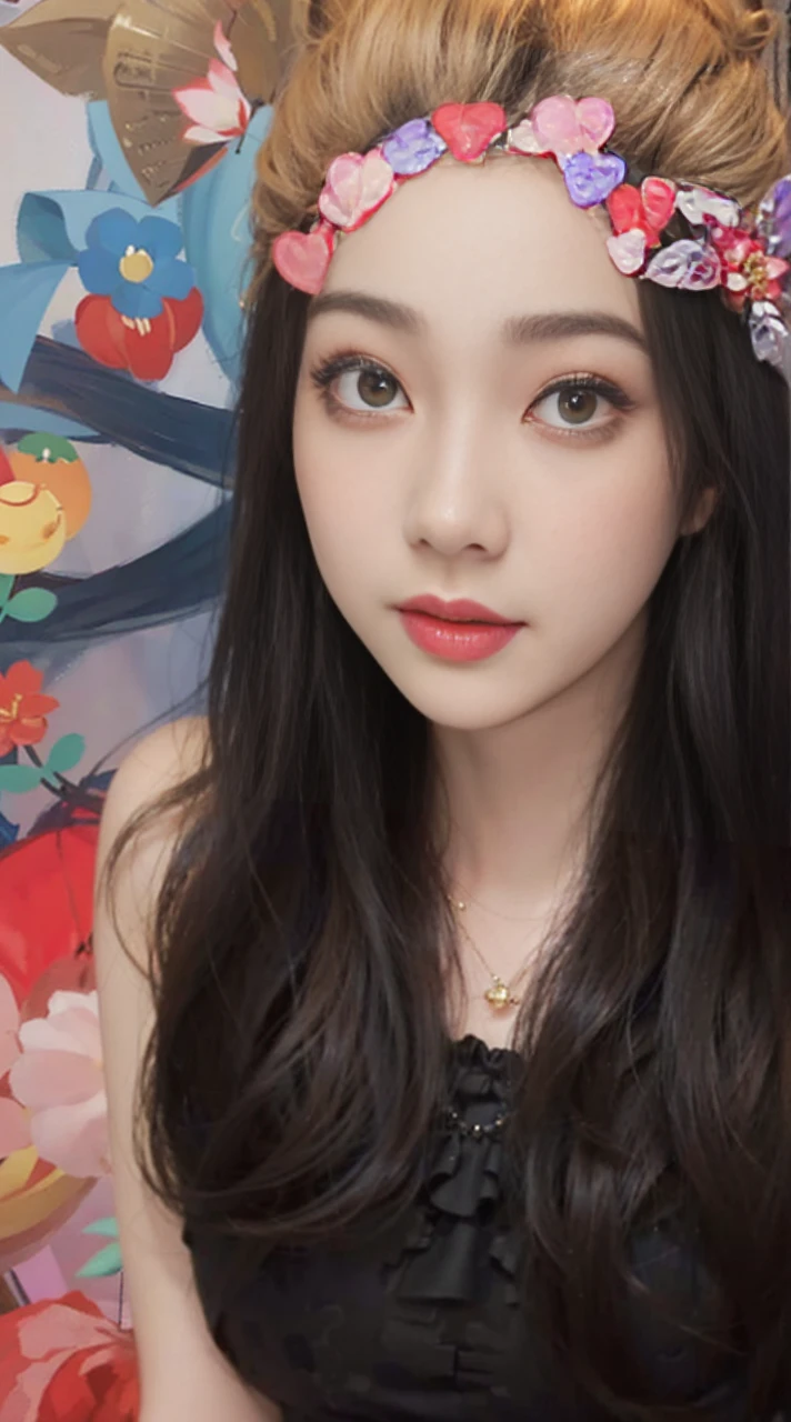 ((1womanl)), (((Black-short-hair))), (masuter piece:1,3)、top-quality、masterpiece、hight resolution、Original、highly detailed wallpaper、dress code、Luxurious necklace, (A slight smil)、a small face、((breast))、(Red and blue dresses)、(light on face)、Live-action style, Beautiful facial features, darkened room, ((Hu Dilan)), Masquerade, (fancy-dress),masquerade party