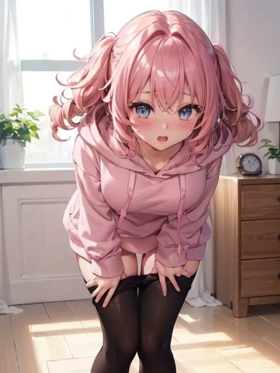 (One transcendent beautiful girl)、ultra-detailed、(8K, RAW photo, best quality, masterpiece:1.2), (extremely detailed 8K wallpaper),professional lighting,sharp focus, depth of field、(((Detailed and accurate face))),((head shot)),nfws,((Pink short bob、Fluffy curly hairy、Rainbow colored inner curl hair))、((Highest quality)), ((masterpiece)), (((A simple, baggy pink hoodie))),((Perfect Face、Beautiful Eyes)),((((Leaning forward、The gesture of pulling down tights with both hands))))、(((Blushing))),(((Embarrassing)))、(An apartment room、Bed in the back)、((Excited、Open your mouth、Heavy breathing、Fog from the mouth))