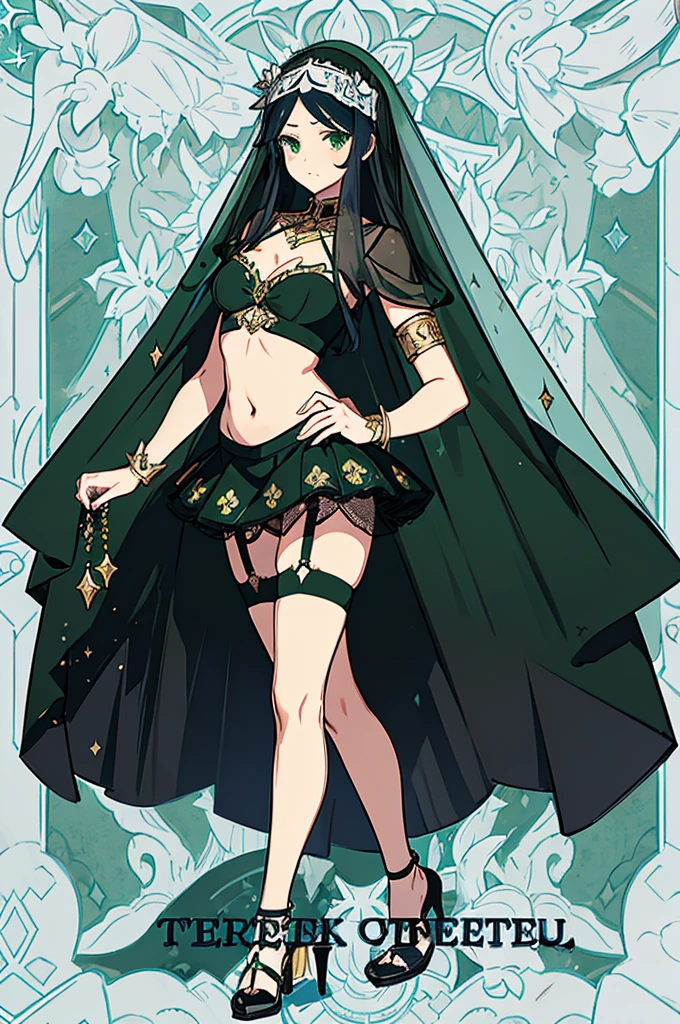 (((Face Veil、whole body)))、Highest quality、High resolution、masterpiece、from the front、Are standing、Magical girl、Green and black outfit、hair ornaments、Cut and sew、Armlet、Belly button、Pattern on the lower abdomen、mini skirt、garter belt、High heels