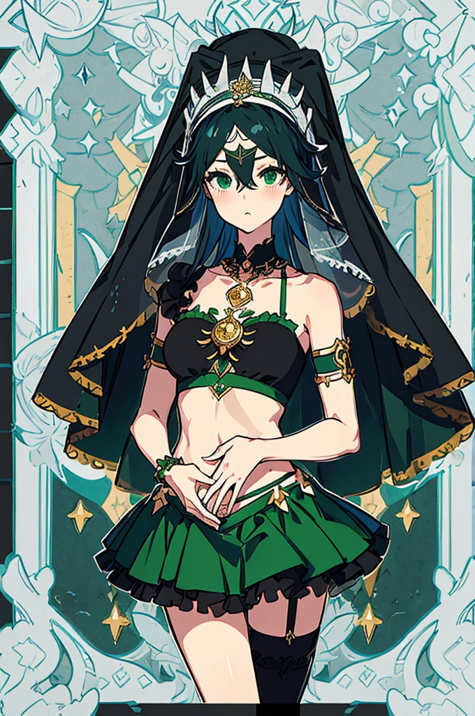 (((Face Veil、whole body)))、Highest quality、High resolution、masterpiece、from the front、Are standing、Magical girl、Green and black outfit、hair ornaments、Cut and sew、Armlet、Belly button、Pattern on the lower abdomen、mini skirt、garter belt、High heels