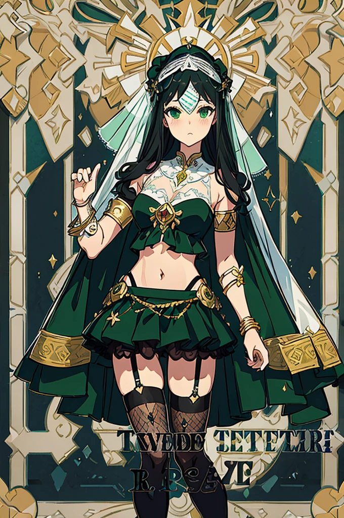 (((Face Veil、whole body)))、Highest quality、High resolution、masterpiece、from the front、Are standing、Magical girl、Green and black outfit、hair ornaments、Cut and sew、Armlet、Belly button、Pattern on the lower abdomen、mini skirt、garter belt、High heels