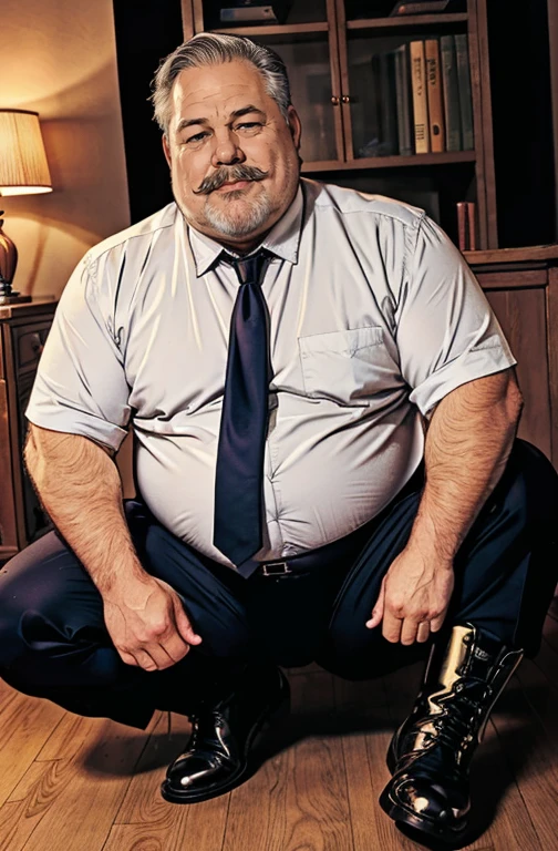 (handsome mature man plump chubby morbid extremely thick thighs bulging belly fat), older man, gray hair, white man, ( wearing,boots,stubble,police chief,bage,beard,old man,indoors,necktie,sitting,spread legs,), bulge, detailed glade on clothing, (fat and corpulent: 1.3), full beard very long, looking at the viewer, handsome man, detailed eyes, symmetrical face, mischievous smile, robust, mustache, longer hair, his body is lying sideways on the floor, front view.