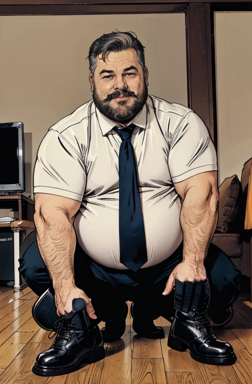 (handsome mature man plump chubby morbid extremely thick thighs bulging belly fat), older man, gray hair, white man, ( wearing,boots,stubble,police chief,bage,beard,old man,indoors,necktie,sitting,spread legs,), bulge, detailed glade on clothing, (fat and corpulent: 1.3), full beard very long, looking at the viewer, handsome man, detailed eyes, symmetrical face, mischievous smile, robust, mustache, longer hair, his body is lying sideways on the floor, front view.