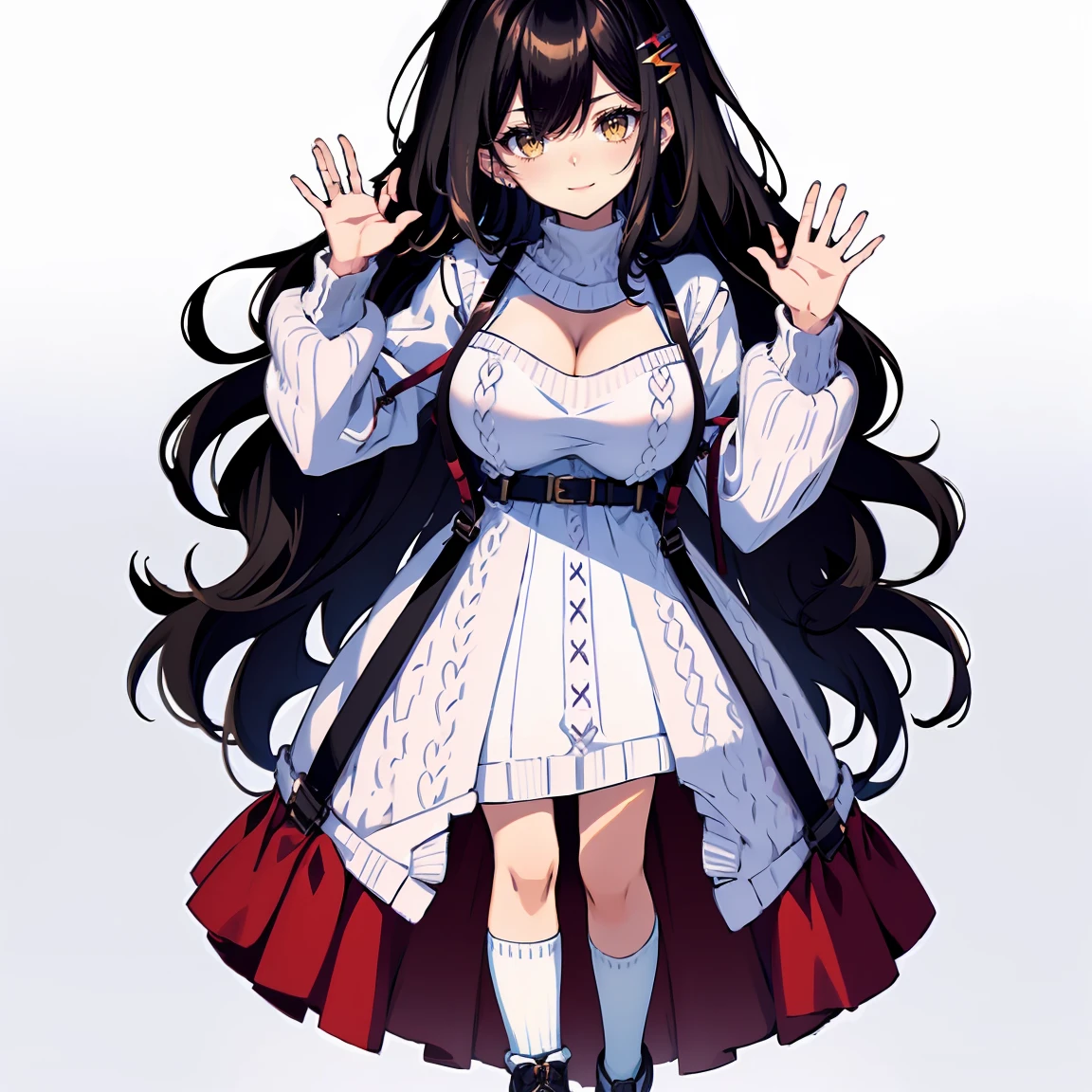 (masterpiece:1.2), (high quality:1.2), (character design sheet, same character, front, side, back), illustration, (hui xiyi, rekkyo sensen, rekkyou sensen, black hair, bangs, one side up, long wavy hair, hair clips, hand up, waving is hands, perfect hands, perfect fingers, exposed breasts, tits cleavage, breasts close up, suspenders, dress, belts, blue clothes, frills shirt, white knit sweater, long sleeves, white legwear, single legwear, pumps, full body:1.55), background with(simple background, white background: 1.3))