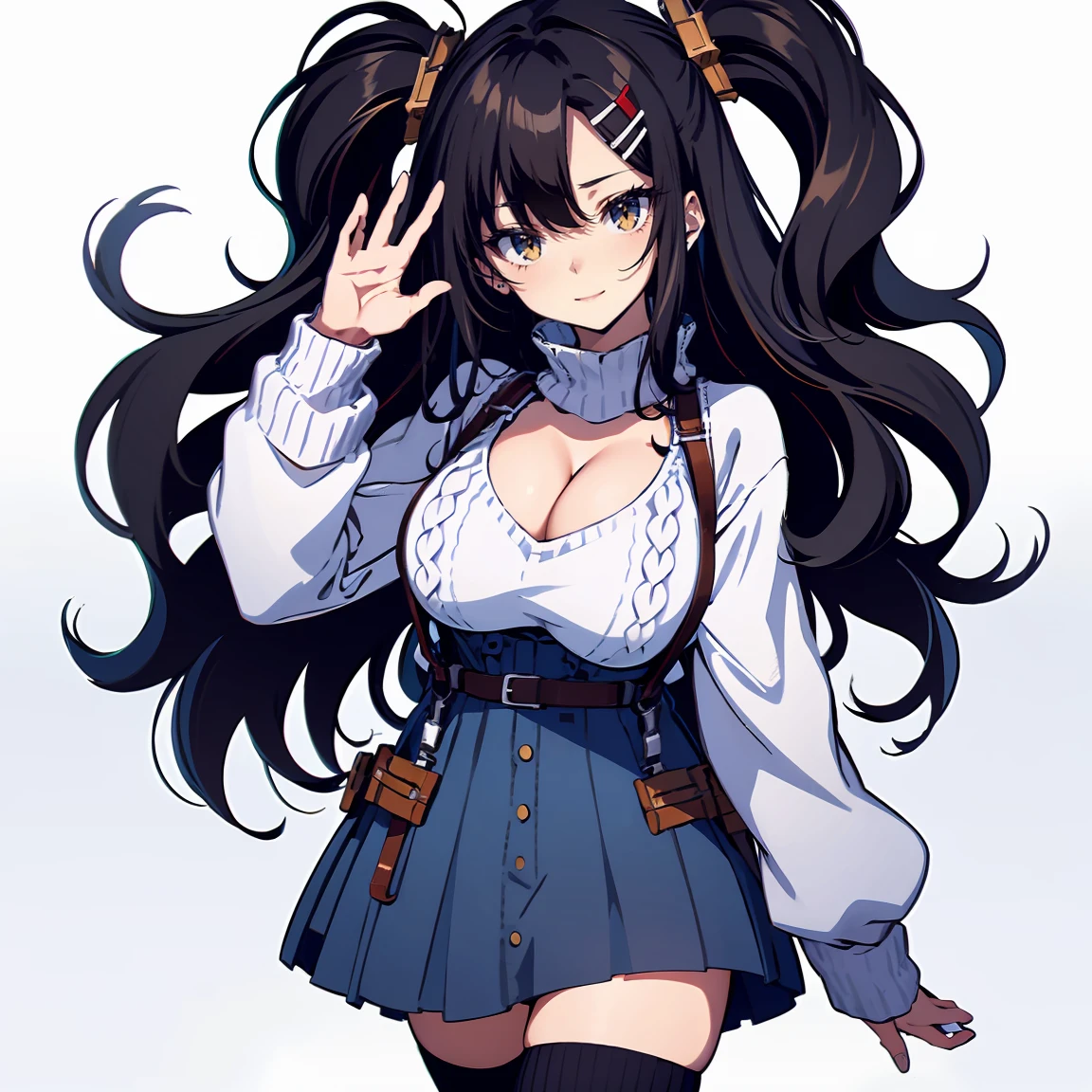 (masterpiece:1.2), (high quality:1.2), (character design sheet, same character, front, side, back), illustration, (hui xiyi, rekkyo sensen, rekkyou sensen, black hair, bangs, one side up, long wavy hair, hair clips, hand up, waving is hands, perfect hands, perfect fingers, exposed breasts, tits cleavage, breasts close up, suspenders, dress, belts, blue clothes, frills shirt, white knit sweater, long sleeves, white legwear, single legwear, pumps, full body:1.55), background with(simple background, white background: 1.3))