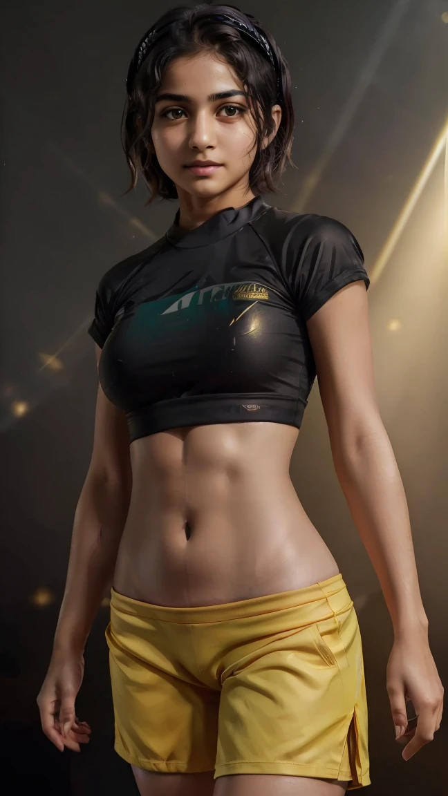 1 girl, solo, adorable, superbly beautiful, short wavy hair, sporty head band, kick boxer fighter, kick boxer style, loose white oblong shirt, short tight pants, curvaceous, toned body, medium round tits, big thighs, perfect legs, candid camera, intricate details, hyper realistic, lifelike, realistic moisy skin, barefooted, (((dim dark black with golden light rays background))), ((tracing light from behind)), ((golden rim light, illuminating the subject from behind)), in fighting stance, (((pakistani ))), (detailed face and eyes:1.2), (front view), grin, lip gloss, sparkling eyes, seductive eyes