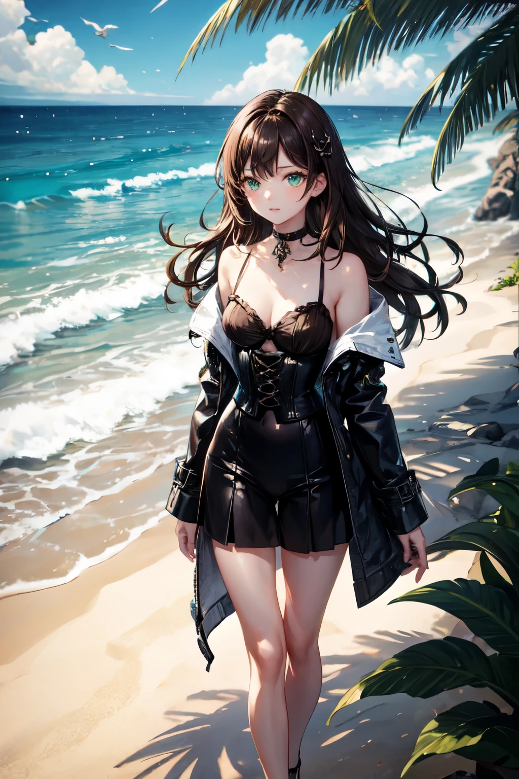 ((최고의 품질)), ((걸작)), (상세한), 여자 1명, Color Scheme: Earthy tones, primarily dark brown and black, with gold trimmings for accents.
Hairstyle: Long, wavy brown hair accessorized with a small floral clip.
Eyes: Striking green eyes.
Top: A corset-style top in black, enhancing the silhouette.
Jacket: A tailored military jacket with shoulder epaulets and brass buttons.
Accessories: A choker necklace with a green gemstone, matching the eye color.
Overall Vibe: Elegant, authoritative with a hint of mystique due to the dark palette and luxurious textures.
Location: Beach, with a vast ocean backdrop.
Details:
Sky: Clear blue with a few scattered clouds, sunlight glistening on the water.
Ocean: Waves gently rolling onto the shore, the water a deep blue transitioning to turquoise near the beach.
Sand: Golden and pristine, with seashells scattered along the shoreline.
Additional Elements: Palm trees swaying in the gentle breeze, a few seagulls flying in the distance, creating a serene and tropical atmosphere.