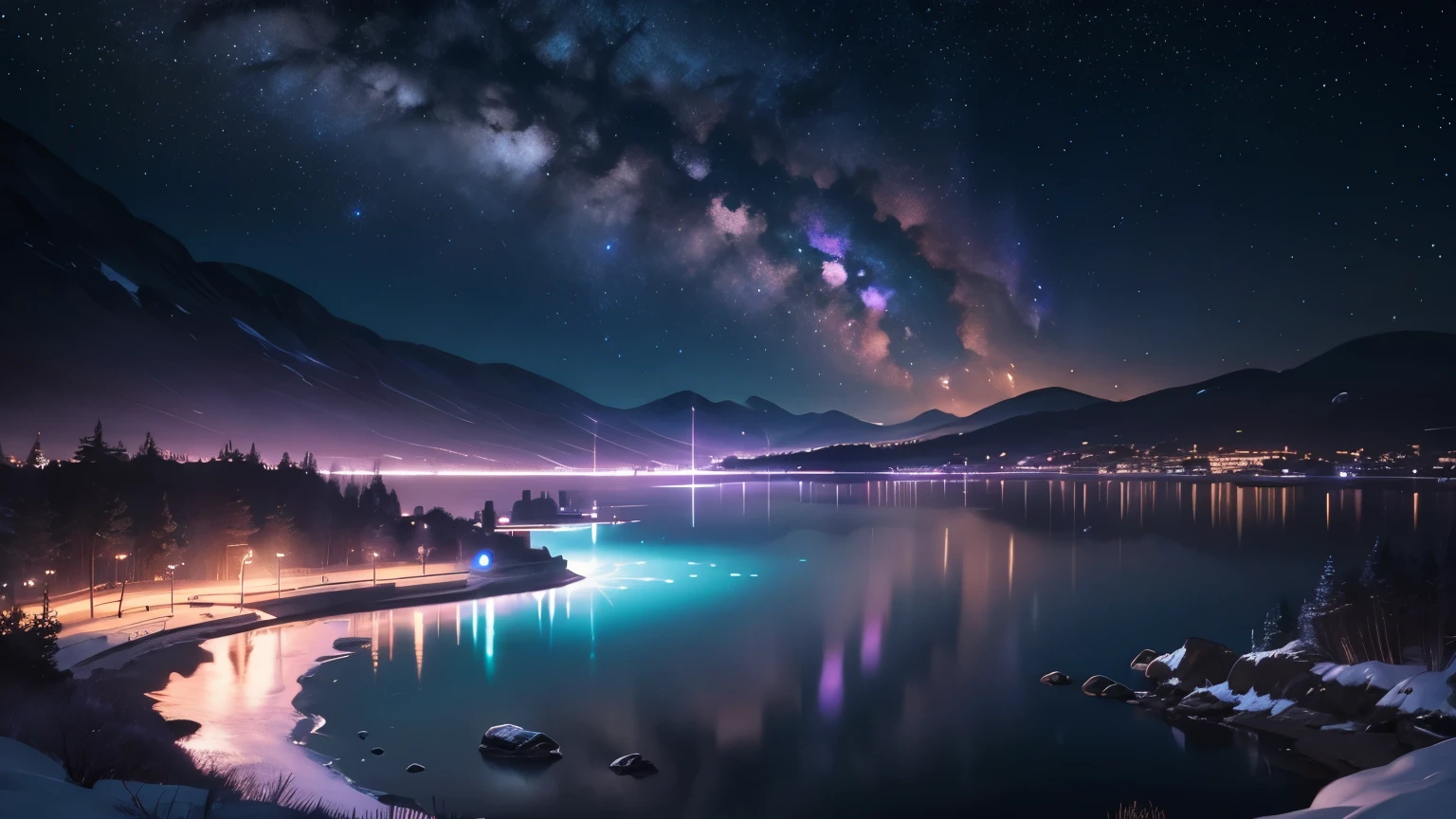 on a quiet winter night, Under the heavenly light of the cosmic sky, A scene unfolding with Makoto Shinkai’s signature magical realism., mysterious energy. The landscape is painted in dark blue and purple colors., reminiscent of a galaxy drawn in the sky. There is no human being in sight, starry sky. It evokes the essence of Makoto Shinkai's famous animation background.., Capturing moments of quiet beauty and wonder of the universe.