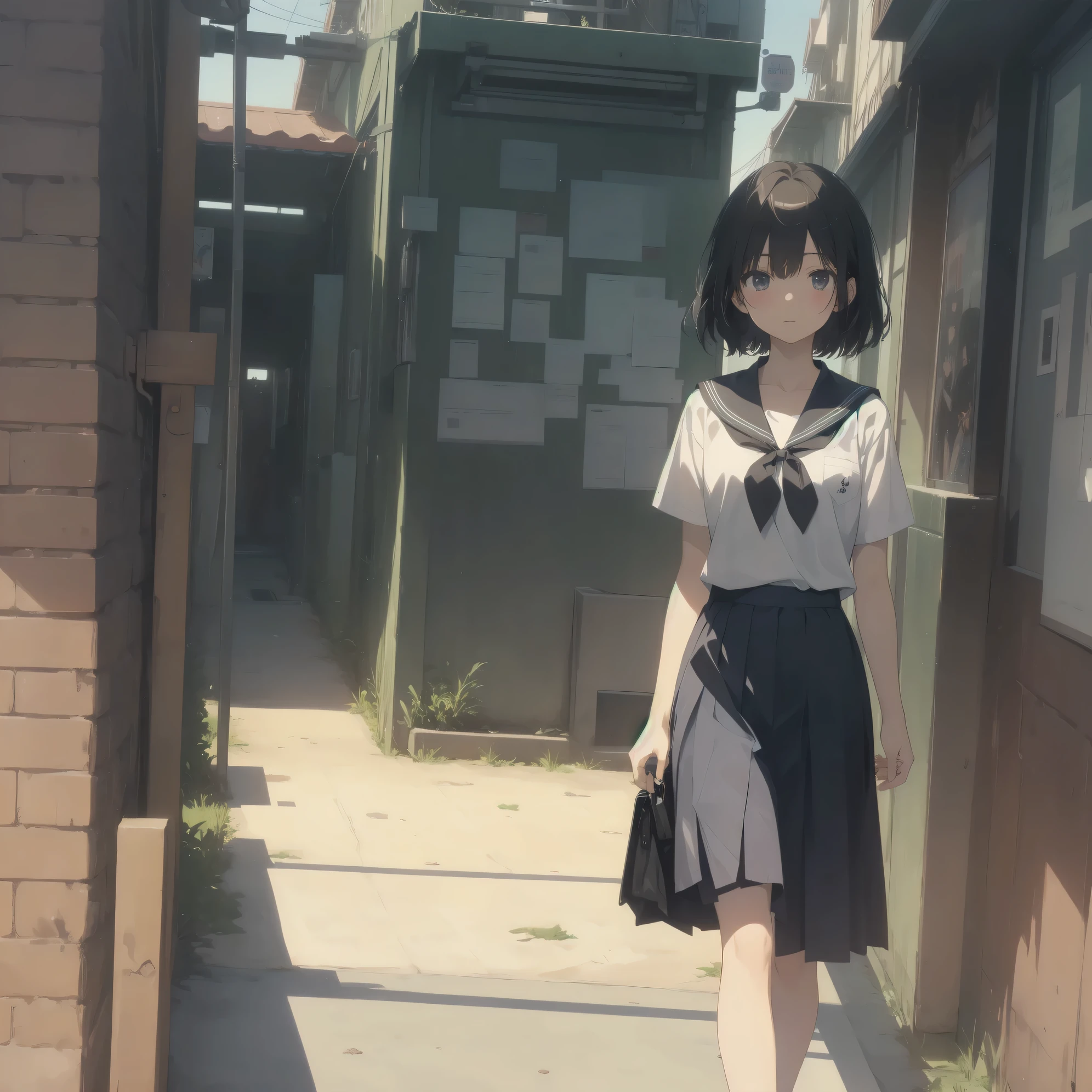 ultra-absurdres-Top quality by artist God, ultra-detailed, high resolution, anime moe artstyle, best anime 8k konachan wallpaper, pixiv contest winner, pool:2810, perfect anatomy,break, 1girl, (Please draw a girl walking sleepily to school alone. )break,(Solo,little female, 13-year-old:1.3),Full limbs, complete fingers,a junior high school student, (very short hair), short cut, flat chest, , small butt, small black eyes, beautiful detailed eyes, well-proportioned iris and pupils, expressive eyes, highres detailed hair, soft expression, salor school_uniform, sailor collar, serahuku, bow, pleated skirt,(Detailed Lighting), (Detailed background), in the School commute route. break,super detailed skin, Best cinematic lighting powered by famous artist, 8k,beauty illustration,photoshop_(medium),very aesthetic,break,((artist:sumiyao_(amam) )), artist:clamp ,artist:carnelian ,artist:kantoku ,