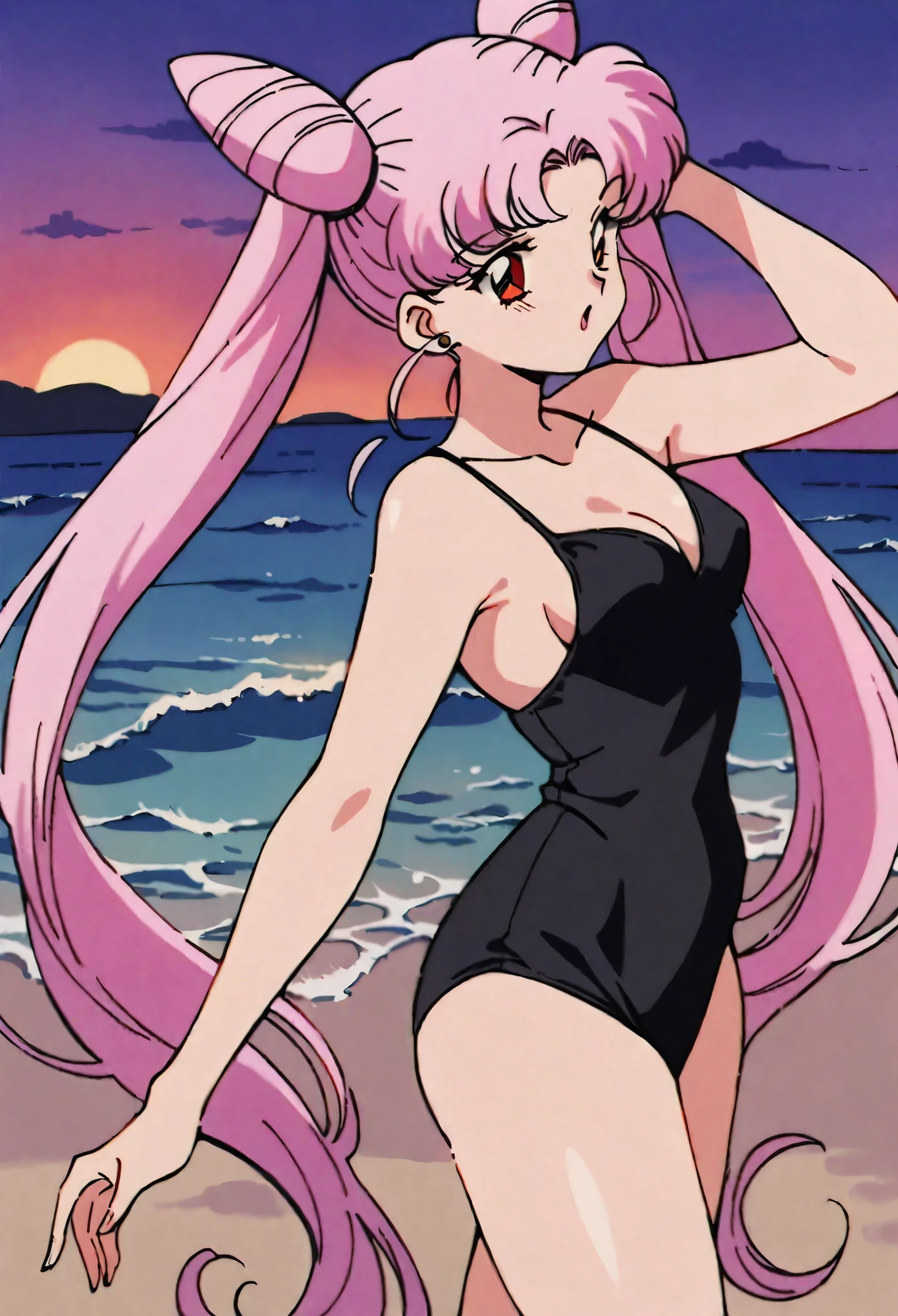 masterpiece,best quality,very aesthetic,ultra detailed,intricate details,1990s \(style\),Black Lady1,1girl,solo,pink hair,cone hair bun,long hair,hair bun,double bun,red eyes, twintails,very long hair,black swimsuit, on beach, evening,