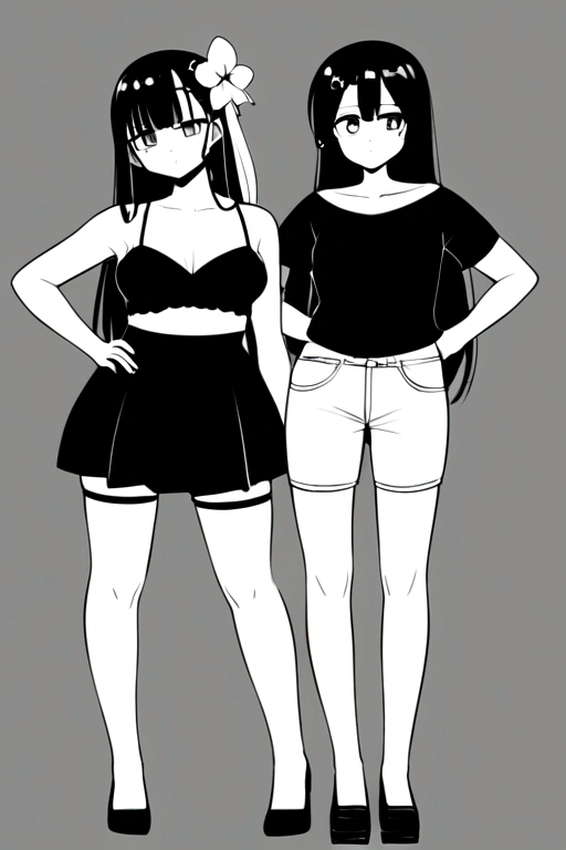 
anime girl in black top and stockings posing for camera, an anime drawing inspired by Jin Homura, pixiv contest winner, thicc, , anime moe artstyle, anime vtuber full body model, seductive anime girl, flat anime style shading, thick black lineart, oc commission, sfw version