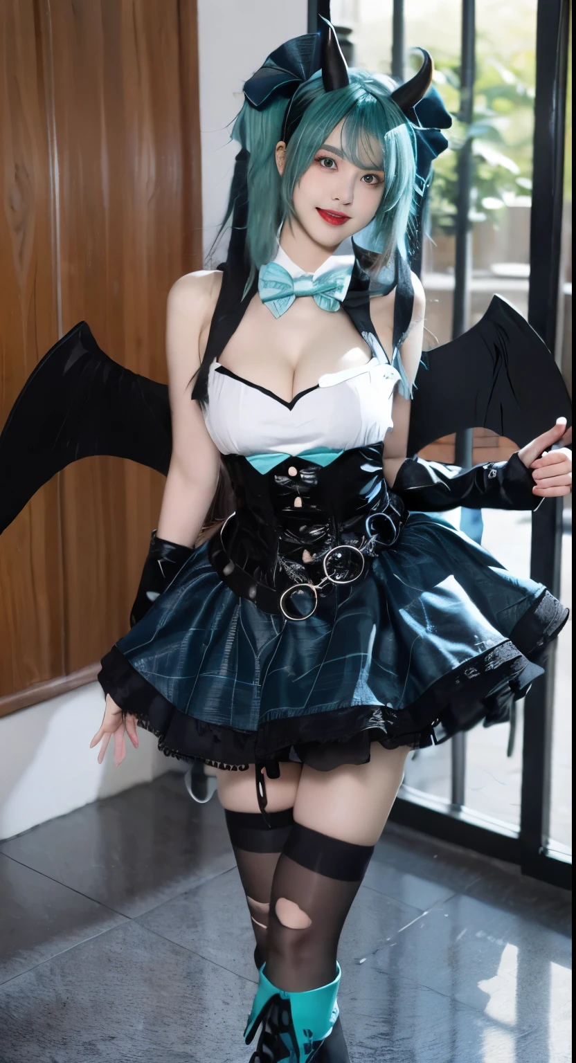 hatsune miku cosplay costume, hatsune miku, cosplay, aqua hair, very long hair, twintails, shirt, corset, skirt, plaid skirt, detached collar, detached sleeves, arm warmers, bowtie, bow, horns, demon horns, demon wings, demon tail, ribbon, o-ring, chain, thigh strap, hair ribbon, hair bow, thighhighs, torn thighhighs, knee boots, belt boots, platform boots ((Full breasts)), ((The skirt is short)), ((Sexy legs)), ((whole body)), ((I-type Valley)), ((Visible cleavage)), Practical, Fashion Girl, Red lips, Mature women, Exquisite makeup, big eyes, beautiful, (best quality, masterpiece:1.2), Very detailed, (Practical:1.37), ((Random Scenes, Random shooting angle)), ((Sexy long legs)), Young and energetic, Charming model, (Exquisite eyes, Delicate lips), Show a bright smile, Create stunning girl images, warm color, Extremely saturated colors, Official Art, Extremely detailed CG, Unity 8K wallpaper, (High Dynamic Range :1.4), (Movie atmosphere),(Soft colors), (Natural skin texture, ultra-Practical, Soft Light, sharp),(Very detailed), night, moonlight