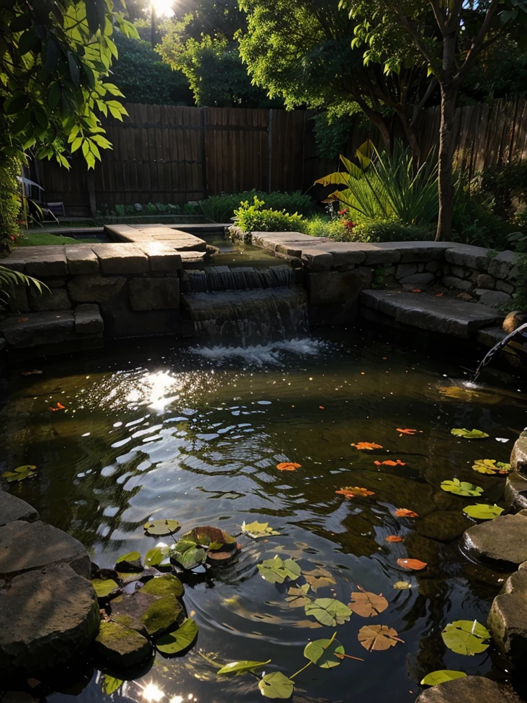 Fish pond, dramatic lighting, leaves