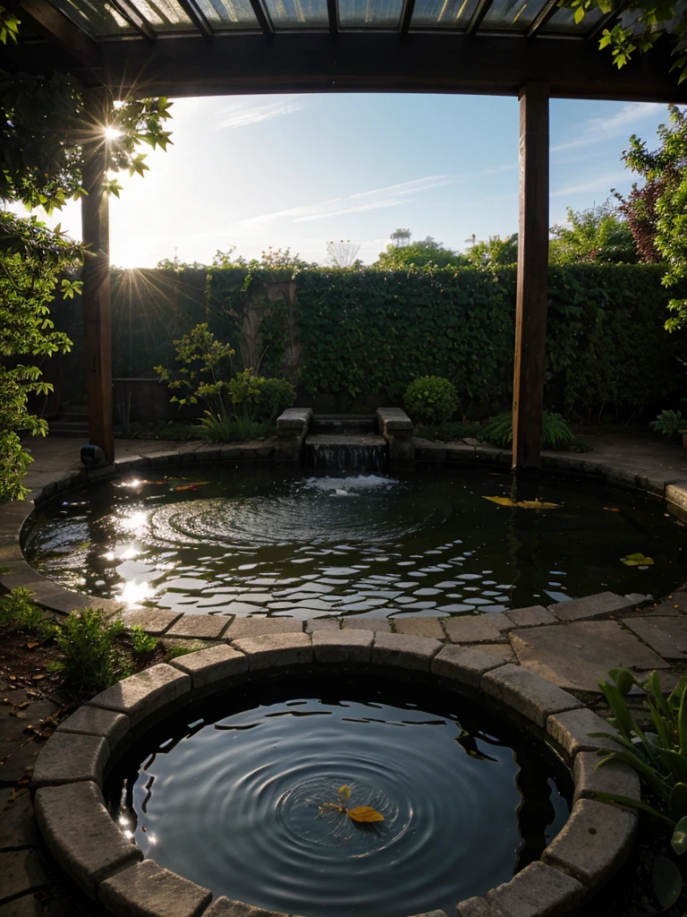 Fish pond, dramatic lighting, leaves