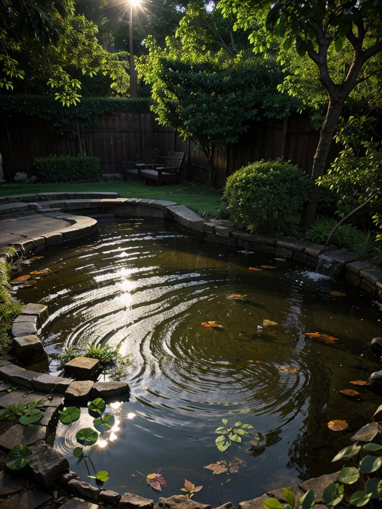 Fish pond, dramatic lighting, leaves