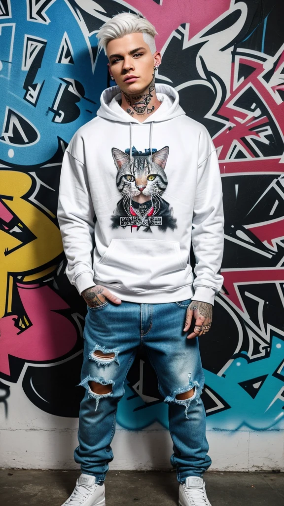 A cool and trendy cat, white hair, blue eyes, wearing trendy hip hop clothing, wearing a hoodie, graphic t-shirt and torn jeans, tons of tattoos and piercings, graffiti style background, highly detailed background, perfect masterpiece, high quality, high resolution