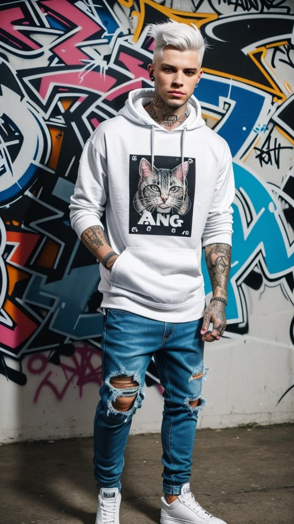 A cool and trendy cat, white hair, blue eyes, wearing trendy hip hop clothing, wearing a hoodie, graphic t-shirt and torn jeans, tons of tattoos and piercings, graffiti style background, highly detailed background, perfect masterpiece, high quality, high resolution