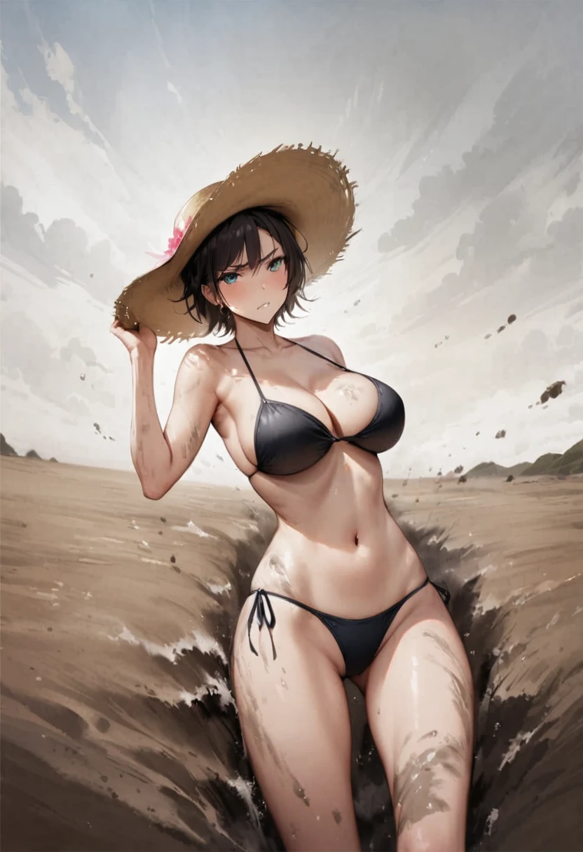 arched back、tideland、Covered in mud、Tiny Bikini、Thighs、Big Breasts、Butt、Dynamic Angle、Seaside、Sandy Beach、Baby Face、Glaring、sunlight、Both eyes open、Sun hat