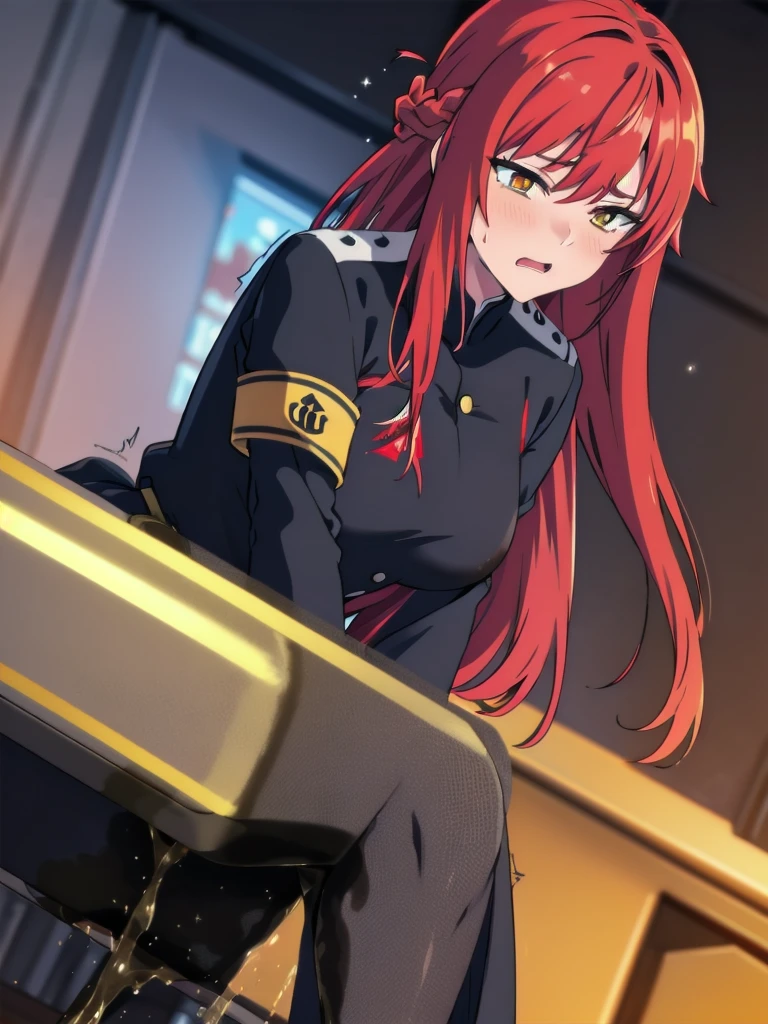 (masterpiece:1.37), woman, (mature:1.5), extremely detailed eyes and face, long straight hair, (red hair:1.5), yellow eyes, black military uniform, futuristic, science fiction, hologram armband, unicursal hexagram-shaped pupils, standing, huge breasts, futuristic, (science fiction:1.5), hologram armband, best quality, 8k, highres, ultra-detailed, studio lighting, ultra-fine painting, sharp focus, physically-based rendering, extreme detail description, professional, vivid colors, bokeh, extreme attention to detail, tsurime, (messy bangs:1.5), (swept bangs:1.5), long bangs, bright red hair highlights, two-tone hair, (wetting self:1.5), (crossed arms:1.5), embarrassed, humiliated, angry, (standing:1.5), tight pants, legs