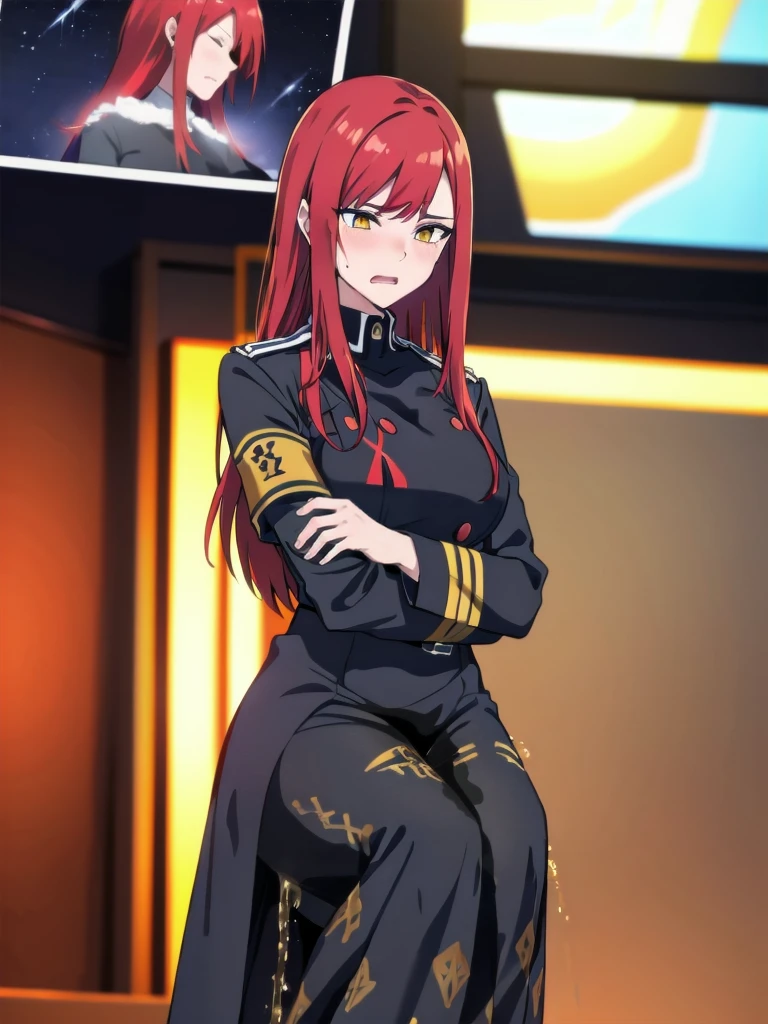(masterpiece:1.37), woman, mature, extremely detailed eyes and face, long straight hair, (red hair:1.5), yellow eyes, constellation-print (black military uniform:1.25), (long dress:1.25), standing, large breasts, futuristic, science fiction, hologram armband, unicursal hexagram, best quality, 8k, highres, ultra-detailed, studio lighting, ultra-fine painting, sharp focus, physically-based rendering, extreme detail description, professional, vivid colors, bokeh, extreme attention to detail, tsurime, (crossing arms:1.5), (wetting herself:1.5)