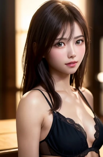 8K, Highest quality, Tabletop:1.2), (Realistic, Photorealistic:1.37), Highest quality, Tabletop, Beautiful young woman, Pensive expression, Sweet and attractive appearance, Sexy Lingerie、Tie your hair back, Movie Background, Light skin tone