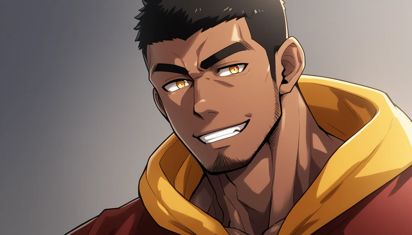 anime characters:Gyee, Young Muscle Sports Teacher, negro black skin, Buzz Cut, Manliness, male focus, Dark red long-sleeved hooded sweatshirt, Very tight, muscular male, muscular, only, Upper body, alone, Black short hair, Thick eyebrows, stubble, Yellow eyes, Grey background, simple background, amazing quality, best aesthetics, Ridiculous, bright pupils, crew cut, parted lips, seductive smile, torogao, naughty face, best quality