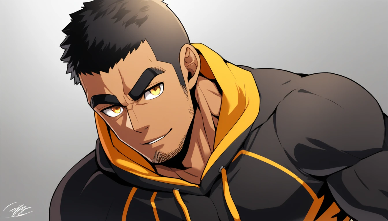 anime characters：Gyee, Young Muscle Sports Teacher, negro black skin, Buzz Cut, Manliness, male focus, Dark red long-sleeved hooded sweatshirt, Very tight, muscular male, muscular, only, Upper body, alone, Black short hair, Thick eyebrows, stubble, Yellow eyes, Grey background, simple background, amazing quality, best aesthetics, Ridiculous, bright pupils, crew cut, parted lips, seductive smile, torogao, naughty face, best quality