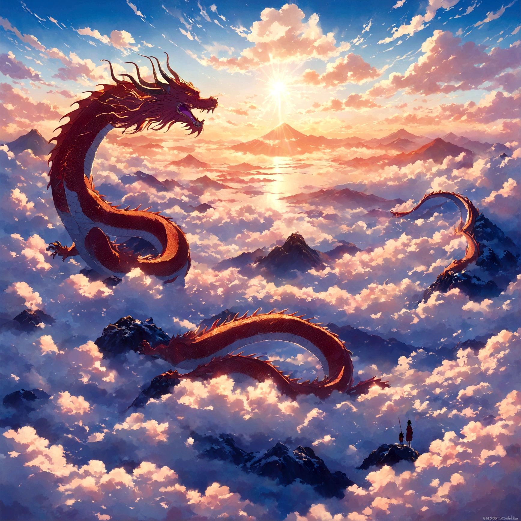 雪を頂く雄大なFuji Mountainの山頂から、巨大なOriental Dragonが、Now it's about to take off into the sky。The dragon shines with a sharp gaze.、Powerful四肢と巨大な翼を広げ、天空の王者にふさわShii威厳を放っている。The dragon's scales shine golden in the morning sun.、その姿はgod々It even makes me feel。Behind it iorning Glowに染まった壮大なsea of cloudsが広がり、Red or orange、The purple gradient、Creating a fantasy world。美ShiiAnime Scenery, Landscape painting, 美Shiiデジタル絵画, Andreas Rocha, 美Shiiアートワークのイラスト, 素晴らShii壁紙, Raymond Han, 背の高い美Shii絵画, Studio Ghibli Makoto Shinkai, 美Shii壁紙, Anime Scenery, Oriental Dragon, Fuji Mountain, Snow-covered, Morning Glow, sea of clouds, god々Shii, Powerful, 美Shii, Humans don't draw