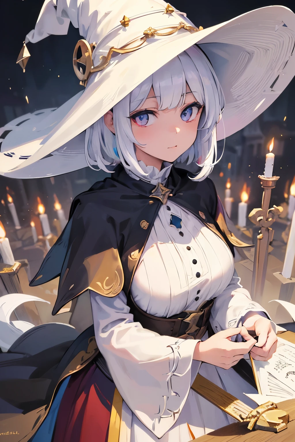 (masterpiece), (Artwork), (great work), (Fine grain), (Delicate skin), (heterochromatic eyes), (Multicolor), (Short white hair with bangs), (Sparkling eyes), (One girl) Wearing a witch hat, Ancient, old, Dressed in gorgeous medieval costume, masterpiece, Highest quality, Best Designer, Best illustrations