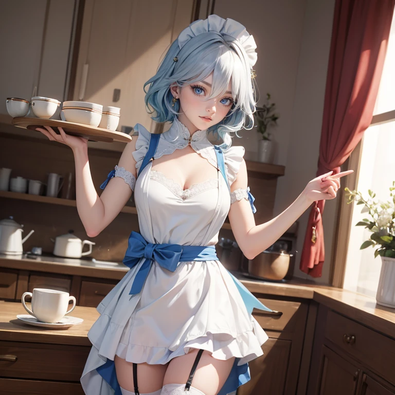 1girl, white roses, ornament hair, white roses on her hair, perfectly body, perfectly hands, white hair, blue hair, wave hair, long hair, ornament hair, long hair, Looking at the viewer, flowing hair, Beautiful Eyes, Plump and glossy lips, maid, maid dress, maid headdress, maid apron, white dress with too many frills, black dress, blue laces, white Short skirt, Drape clothes, blue gem, Lace trim, kitchen, luxury gold details, gold jewelry, more details, best quality, Big sparkling eyes, blushing, white Striped Lace Stockings, blue Lolita skirt, sparkle, solo, centered girl, cowboy shot, upper body portrait, perfectly body, perfectly hands, two arms, two legs, two hands, five fingers, perfect anatomy, glowing hair, white roses, maid, maid dress, dress, solo, flowing hair, floating hair, ornament hair, perfectly body, perfectly hands, on the kitchen, sparkles, more details on her clothes, white dress with transparency, golden details on her dress, night, tray with juice, ((4k, masterpiece, top-quality)), 8k, best quality, high resolution, UHD, (illustration:0.8), super cute girl, delicate and beautiful face, mature girl, super cute hairstyle, (beautiful detailed eyes:1.6), extremely detailed face, perfect lighting, extremely detailed CG, (perfect hands, perfect anatomy), Best quality, cleavage, small skirt, full Body, two arms, two legs, two hands, five fingers