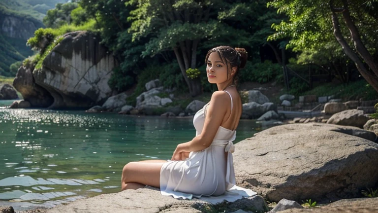 A serene outdoor setting, where a Greek swimmer woman with her back turned to the viewer sits on a rock, draped in a white toga. Her posture suggests she's relaxing or contemplating. In the background, there's a calm body of water where two other figures can be seen, possibly engaged in a similar relaxed activity. The surrounding environment is lush with greenery, including trees and foliage, and there are flowers near the rock where the woman sits.