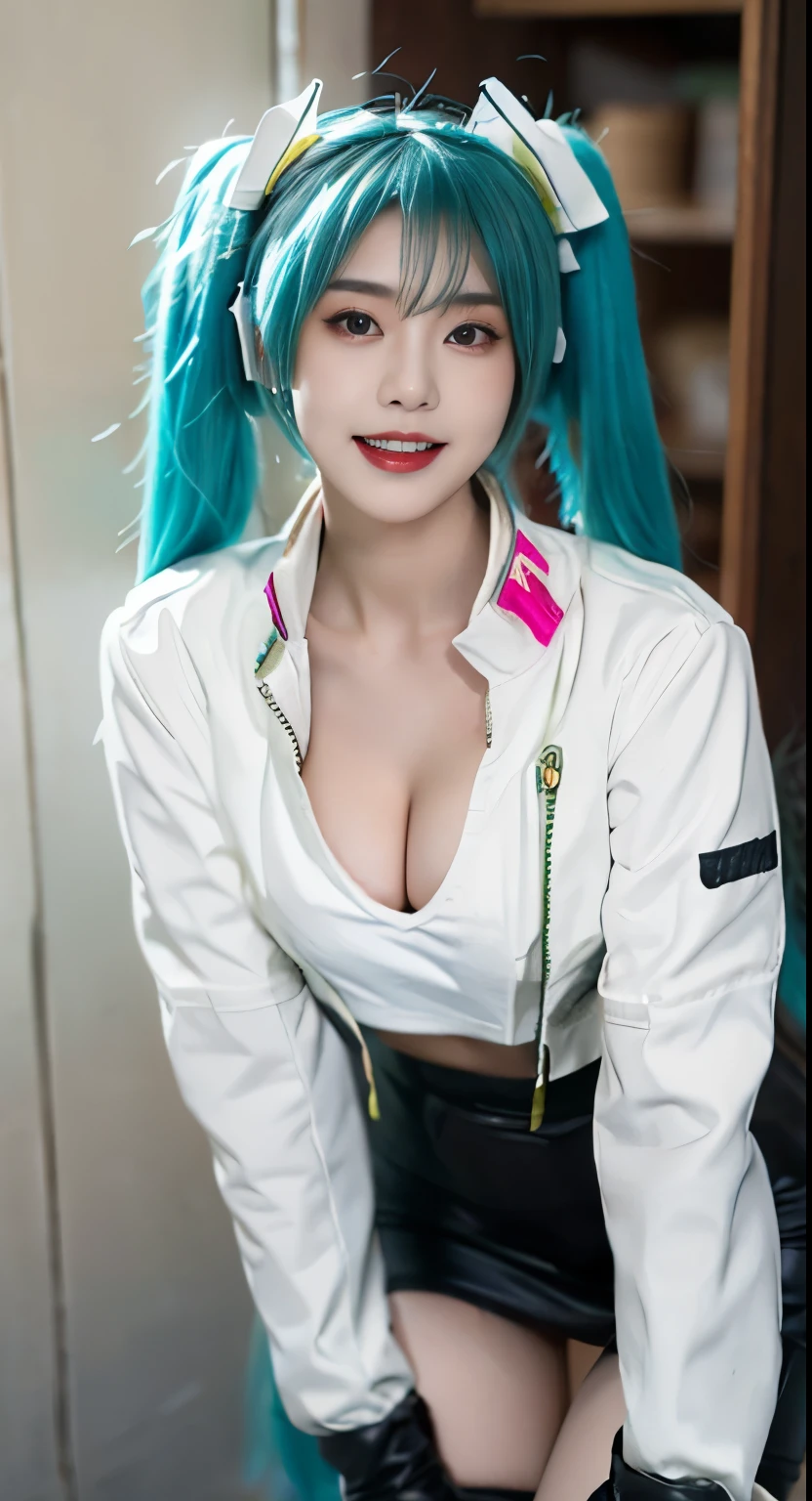 hatsune miku cosplay costume, hatsune miku, racing miku, cosplay, twintails, aqua hair, very long hair, bodysuit, black bodysuit, asymmetrical bodysuit, crop top, white crop top, cropped jacket, white cropped jacket, long sleeves, logo on crop top, logo, print bodysuit, hair ornament, gloves, two-tone gloves, clothes writing, single legwear, single thigh boot, high heel ((Full breasts)), ((The skirt is short)), ((Sexy legs)), ((whole body)), ((I-type Valley)), ((Visible cleavage)), Practical, Fashion Girl, Red lips, Mature women, Exquisite makeup, big eyes, beautiful, (best quality, masterpiece:1.2), Very detailed, (Practical:1.37), ((Random Scenes, Random shooting angle)), ((Sexy long legs)), Young and energetic, Charming model, (Exquisite eyes, Delicate lips), Show a bright smile, Create stunning girl images, warm color, Extremely saturated colors, Official Art, Extremely detailed CG, Unity 8K wallpaper, (High Dynamic Range :1.4), (Movie atmosphere),(Soft colors), (Natural skin texture, ultra-Practical, Soft Light, sharp),(Very detailed), night, moonlight