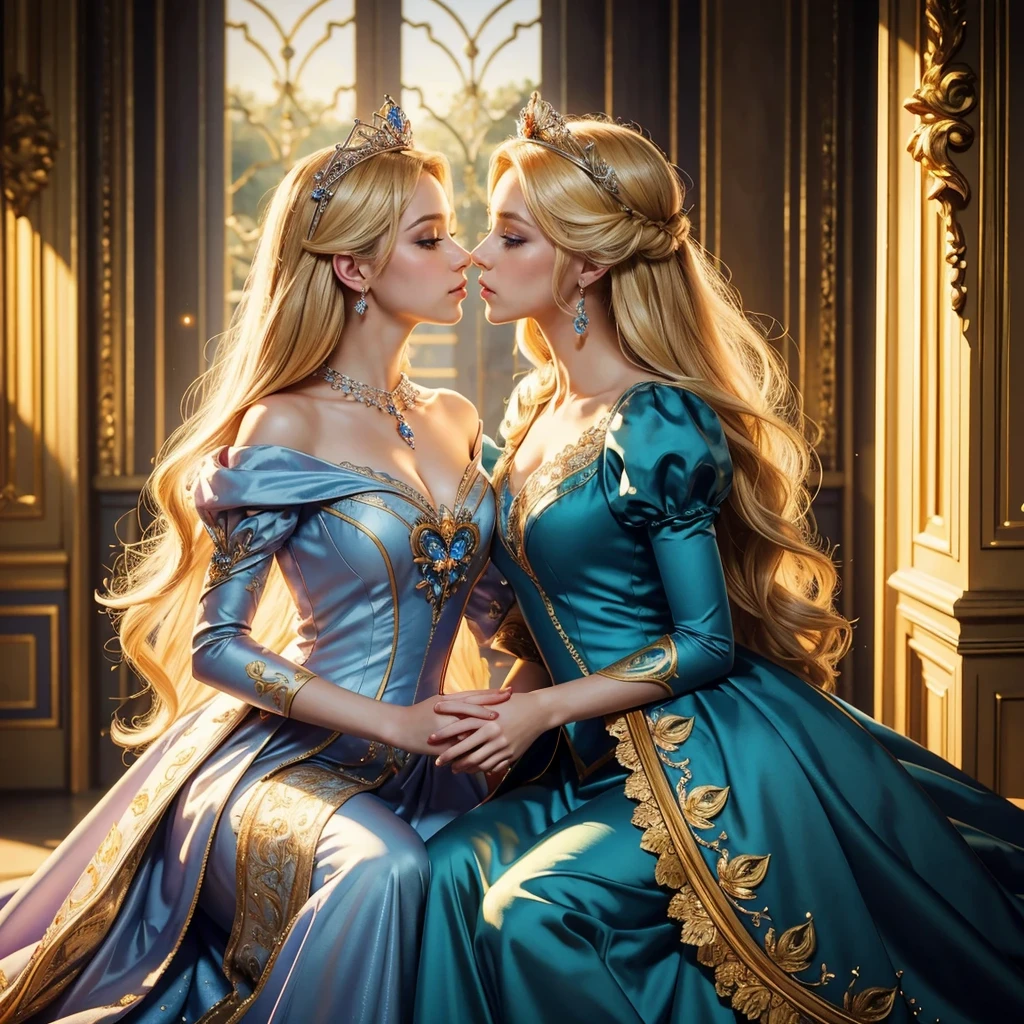 (masterpiece, best quality:1.5), highest quality, High resolution, Super detailed, realistic, Full body shot of blonde princess, detailed and beautiful eyes, beautiful detailed lips, highly detailed eyes and face, long eyelashes, princess in blue royal gown, Gorgeous and colorful makeup, Elegant and classy々pose,shining crown and jewels, Royal gardens as background, soft natural light, Bright colors, fine brush strokes, portrait style, Exquisite details in the dress material, gorgeous color palette, glowing skin, Top-notch rendering that captures every detail, enchanting atmosphere, subtle shadows and highlights, (perfect anatomy:1.2), (two stunning princesses is deeply in love with each other:1.4), (kiss:1.2)