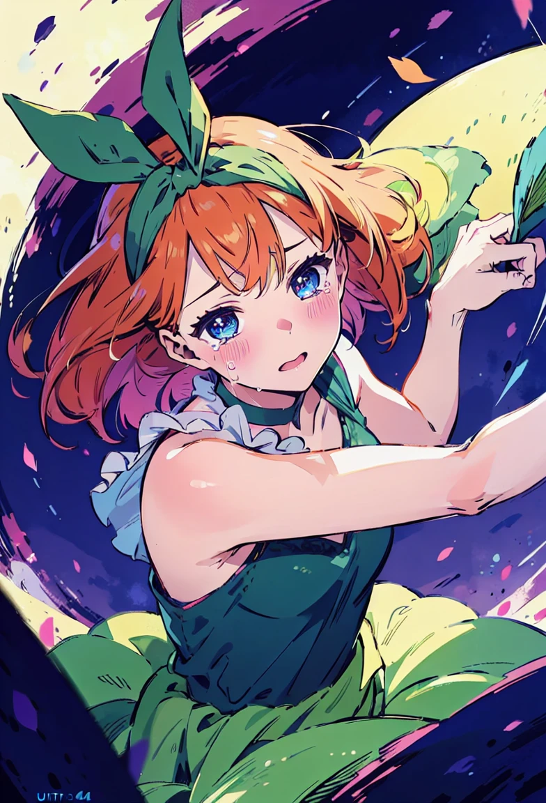 Yotsuba Nakano, short orange hair, green ribbon,, 4k, extremely fine illustration, cowboy shot, tears,, sfw, crying, dynamic pose, interesting pose, expressive face, silky pretty dress,flowing dress, wind, extremely fine and beautiful, super fine illustration, top-quality、Official art、Beautifully Aesthetic:、vivid colours、colourful, HD Detail, Ultra Detail, soft Light, magical photography, intricate details, , sfw, , indigo eyes, masterpiece, 4k, ultradetailed,