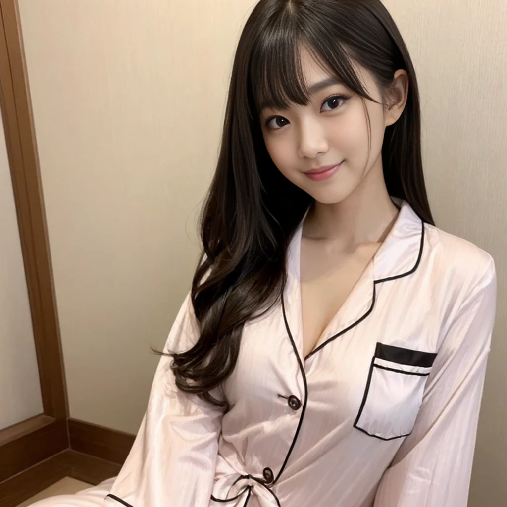 Highest quality, masterpiece, Ultra-high resolution, (Realistic:1.9), Raw photo, One girl, 27 years old, Sitting on the bed、Selfie Kaede、Whole body shot、The most famous Japanese idols, Hotel Rooms, Dynamic Pose, (((Wearing only gorgeous pajamas))), ((Very cute face like the most popular Japanese idol, ((very cute、And very big black eyes)), Very beautiful hair, very cute唇, Very beautiful skin)), An innocent smile, Luxury hotel suite details, Gorgeous evening dress with details