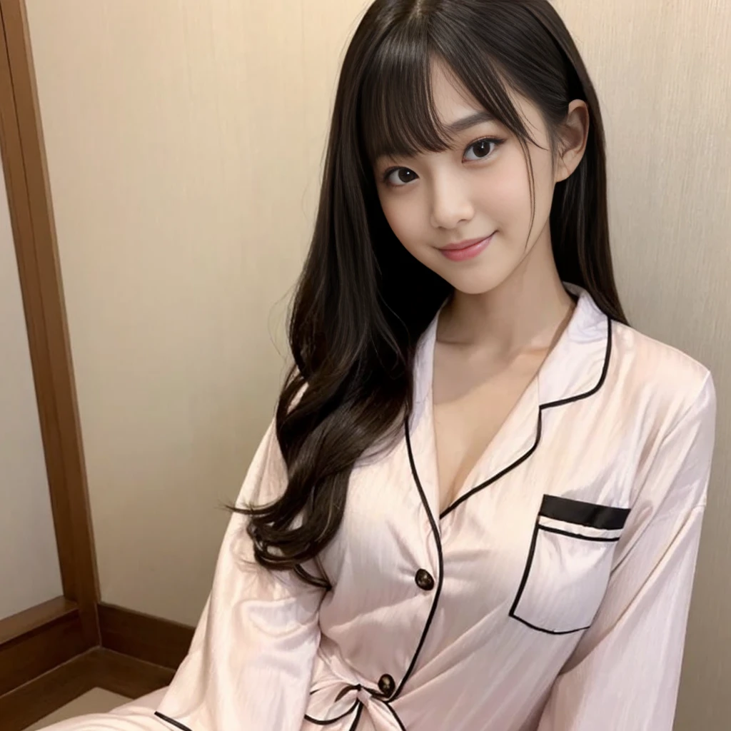 Highest quality, masterpiece, Ultra-high resolution, (Realistic:1.9), Raw photo, One girl, 27 years old, Sitting on the bed、Selfie Kaede、Whole body shot、The most famous Japanese idols, Hotel Rooms, Dynamic Pose, (((Wearing only gorgeous pajamas))), ((Very cute face like the most popular Japanese idol, ((very cute、And very big black eyes)), Very beautiful hair, very cute唇, Very beautiful skin)), An innocent smile, Luxury hotel suite details, Gorgeous evening dress with details