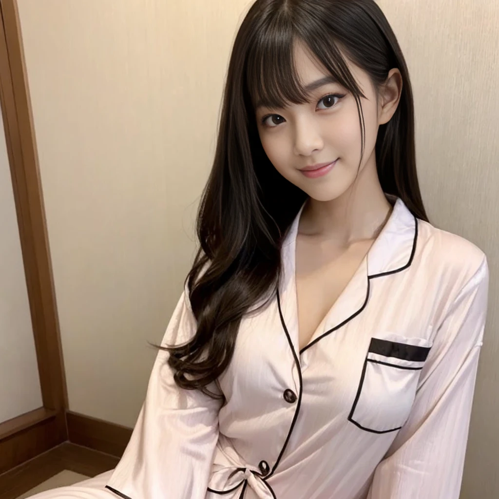 Highest quality, masterpiece, Ultra-high resolution, (Realistic:1.9), Raw photo, One girl, 27 years old, Sitting on the bed、Selfie Kaede、Whole body shot、The most famous Japanese idols, Hotel Rooms, Dynamic Pose, (((Wearing only gorgeous pajamas))), ((Very cute face like the most popular Japanese idol, ((very cute、And very big black eyes)), Very beautiful hair, very cute唇, Very beautiful skin)), An innocent smile, Luxury hotel suite details, Gorgeous evening dress with details