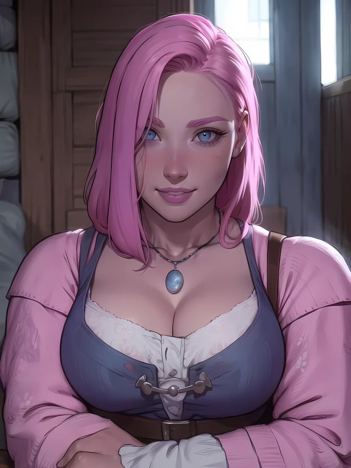 solo, (((Madeleine))), ((debannwoll)), attractive female face, blue eyes, ((pink hair)), ((hair over one eye)), intense happiness expression, smile, dress, cleavage, necklace, large breasts, corset, long sleeves, a necklace around her neck, outdoors, marketplace, fantasy, | (8k, RAW photo, best quality, masterpiece:1.2), ultra-detailed, (high detailed skin:1.2), 8k uhd, dslr, soft lighting, high quality, (centered:1.2), ((LOOKING at the VIEWER)), asura, film grain, highly detailed shading, ((perfect_hands):1), Goodhands-beta2, Detailed eyes, perfect face, perfect eyes, Detailed face, ((a manga drawing by Kentaro Miura)),