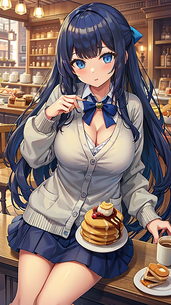 Masterpiece、Highest quality、Super detailed、1 girl、(Big Tits)、Fluffy and soft long hair、Blue Eyes、Cleavage、Navy Blue Hair、mini skirt、cardigan、Cafe、pancake