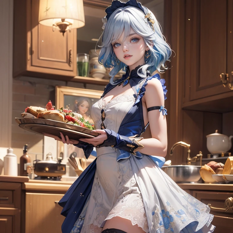 1girl, white roses, ornament hair, white roses on her hair, perfectly body, perfectly hands, white hair, blue hair, wave hair, long hair, ornament hair, long hair, Looking at the viewer, flowing hair, Beautiful Eyes, Plump and glossy lips, maid, maid dress, maid headdress, maid apron, white dress with too many frills, black dress, blue laces, white Short skirt, Drape clothes, blue gem, Lace trim, kitchen, luxury gold details, gold jewelry, more details, best quality, Big sparkling eyes, blushing, white Striped Lace Stockings, blue Lolita skirt, sparkle, solo, centered girl, cowboy shot, upper body portrait, perfectly body, perfectly hands, two arms, two legs, two hands, five fingers, perfect anatomy, glowing hair, white roses, maid, maid dress, dress, solo, flowing hair, floating hair, ornament hair, perfectly body, perfectly hands, on the kitchen, sparkles, more details on her clothes, white dress with transparency, golden details on her dress, night, tray with juice, ((4k, masterpiece, top-quality)), 8k, best quality, high resolution, UHD, (illustration:0.8), super cute girl, delicate and beautiful face, mature girl, super cute hairstyle, (beautiful detailed eyes:1.6), extremely detailed face, perfect lighting, extremely detailed CG, (perfect hands, perfect anatomy), Best quality, cleavage, small skirt, full Body, two arms, two legs, two hands, five fingers