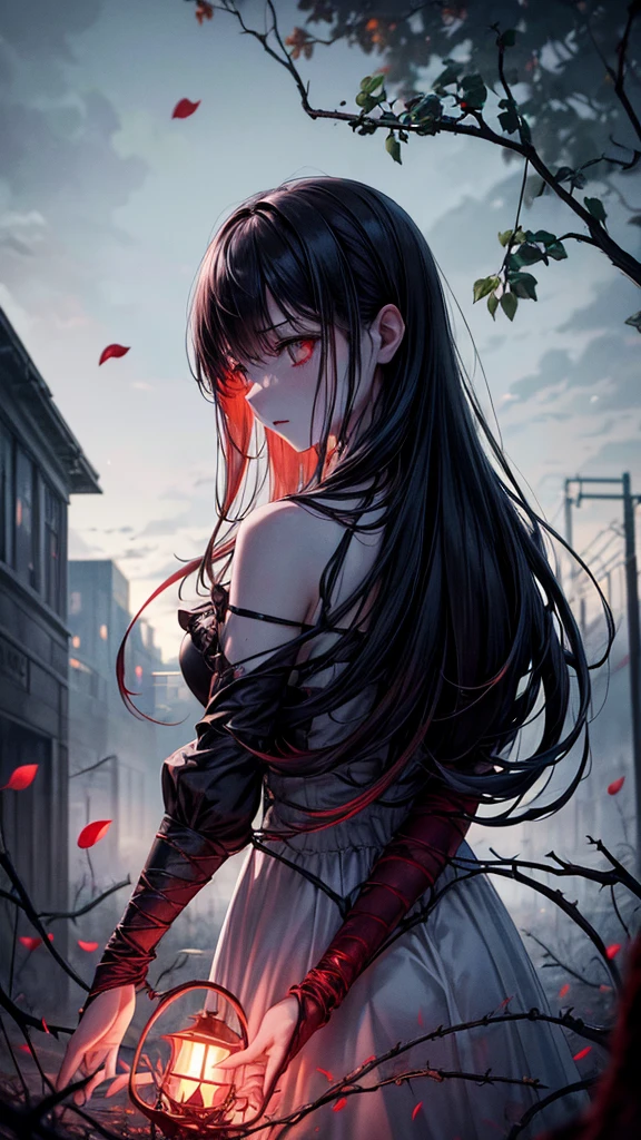 (best quality,highres,ultra-detailed,photorealistic:1.2),dark abyss,sinister,white dress girl,pale,lifeless skin,holding bright red spider lilies,subtle glowing lights,apocalyptic,ruined town,disintegrating buildings,,ominous clouds,blood moon,cracked ground,withered trees,overgrown vines,moonlight casting eerie shadows,creepy silence,distant howling wind,foreboding atmosphere,desolate streets,falling petals,hauntingly beautiful,loneliness in the air,lost souls wandering,weaving webs of despair,darkness prevails,embrace of the unknown.