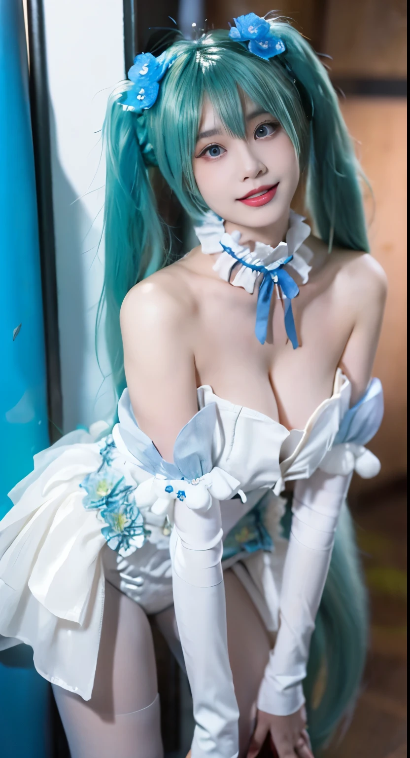 hatsune miku cosplay costume, hatsune miku, cosplay, long hair, aqua hair, twintails, very long hair, strapless leotard, strapless dress, leotard, dress, frills, detached sleeves, bare shoulders, choker, detached collar, flower, hair ornament, hair flower, blue ribbon, leg ribbon, ankle ribbon, breasts, cleavage, white pantyhose, pantyhose, high heels ((Full breasts)), ((The skirt is short)), ((Sexy legs)), ((whole body)), ((I-type Valley)), ((Visible cleavage)), Practical, Fashion Girl, Red lips, Mature women, Exquisite makeup, big eyes, beautiful, (best quality, masterpiece:1.2), Very detailed, (Practical:1.37), ((Random Scenes, Random shooting angle)), ((Sexy long legs)), Young and energetic, Charming model, (Exquisite eyes, Delicate lips), Show a bright smile, Create stunning girl images, warm color, Extremely saturated colors, Official Art, Extremely detailed CG, Unity 8K wallpaper, (High Dynamic Range :1.4), (Movie atmosphere),(Soft colors), (Natural skin texture, ultra-Practical, Soft Light, sharp),(Very detailed), night, moonlight