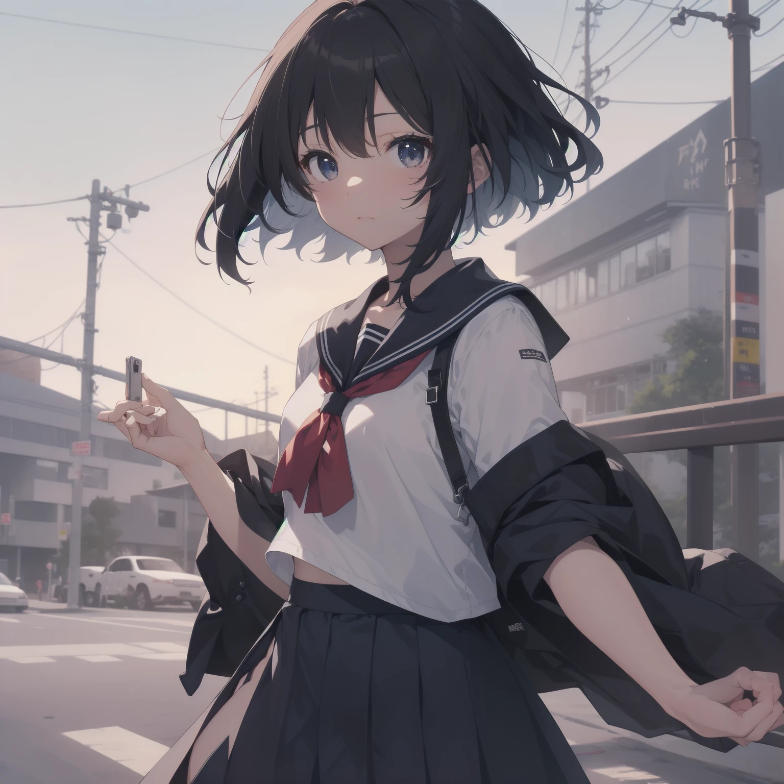 ultra-absurdres-Top quality by artist God, ultra-detailed, high resolution, anime moe artstyle, best anime 8k konachan wallpaper, pixiv contest winner, pool:2810, perfect anatomy,break, 1girl, (Please draw a girl walking sleepily to school alone. )break,(Solo,little female, 13-year-old:1.3),Full limbs, complete fingers,a junior high school student, (very short hair), short cut, flat chest, , small butt, small black eyes, beautiful detailed eyes, well-proportioned iris and pupils, expressive eyes, highres detailed hair, soft expression, salor school_uniform, sailor collar, serahuku, bow, pleated skirt,(Detailed Lighting), (Detailed background), in the School commute route. break,super detailed skin, Best cinematic lighting powered by famous artist, 8k,beauty illustration,photoshop_(medium),very aesthetic,break,((artist:sumiyao_(amam) )), artist:clamp ,artist:carnelian ,artist:kantoku ,