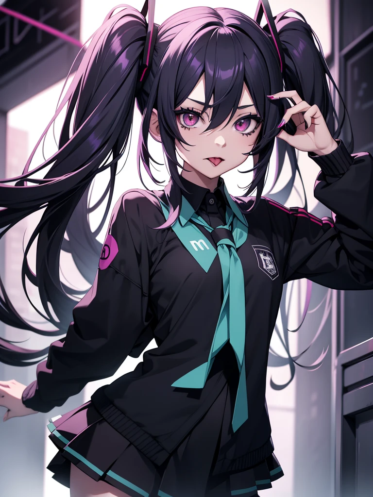 hatsune miku, emo, goth, black and purple hair, red eyes, school wear, showing the tongue