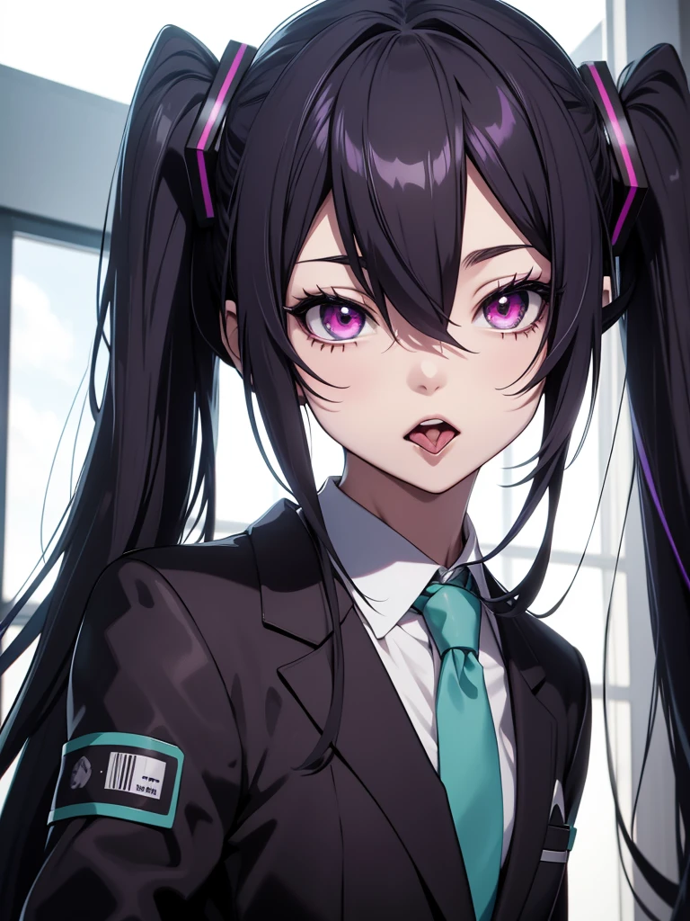 hatsune miku, emo, goth, black and purple hair, red eyes, school wear, showing the tongue