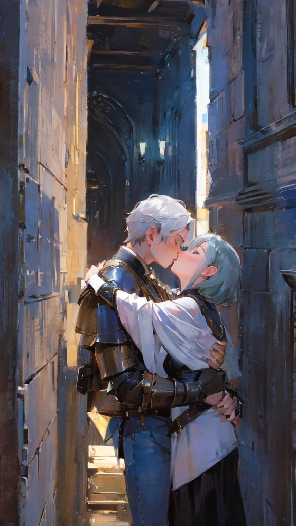 two armed knights kissing each other, in a maze